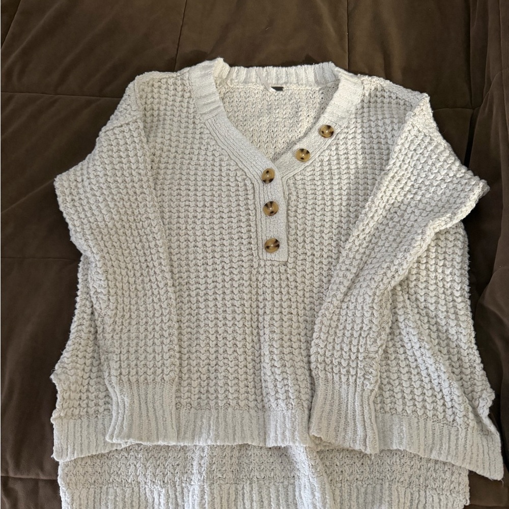 Free People whistle thermal Henley Cream V-Neck Sweater with Button Accents